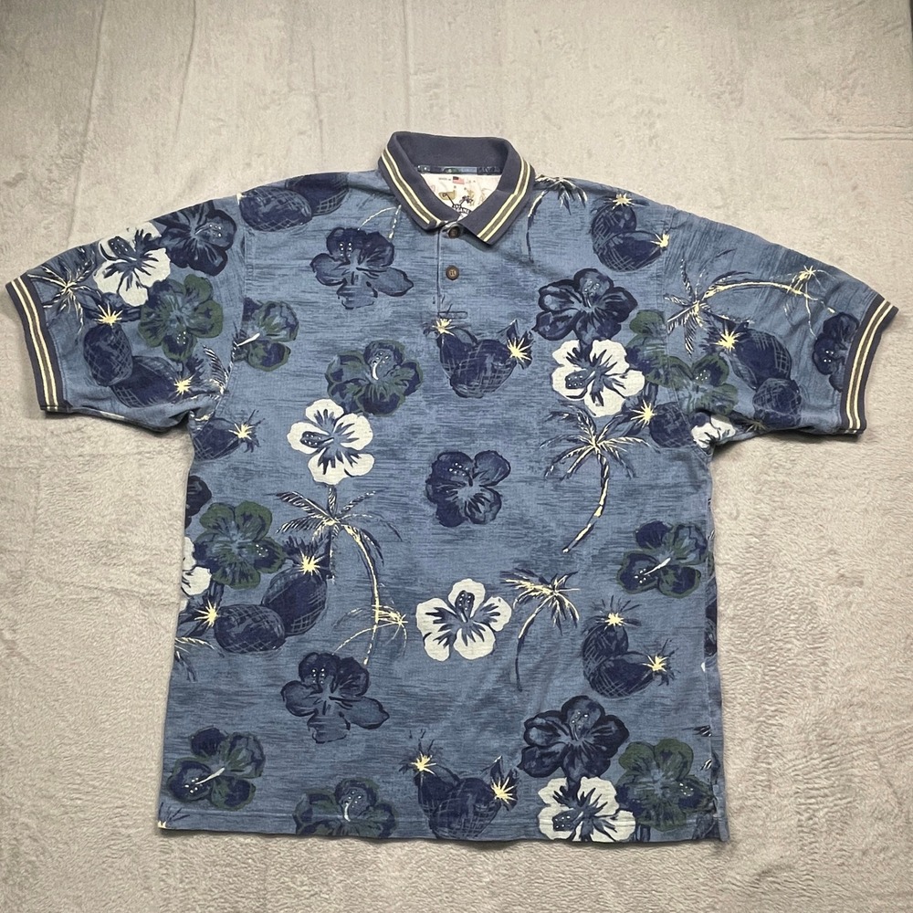 The Skins Game Polo Shirt Mens XXL Blue Tropical Floral Golf Made in USA Vintage